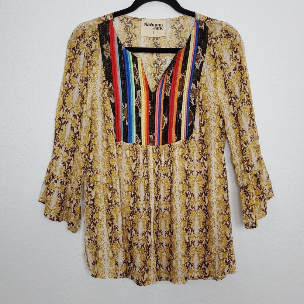 Savanna Jane Womens Top Size S Snake Print Multicolor‎ Aztec Western 3/4 Sleeve